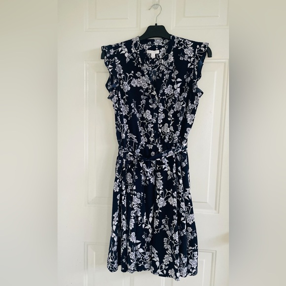 Charter Club Women’s Floral Ruffle Flutter Sleeve Belted Dress 8P DARK BLUE. - Picture 2 of 12
